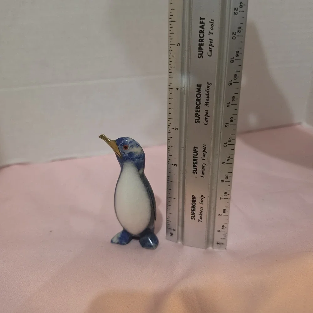 Carved Lapis Lazuli Penguin Figurine with White Onyx Belly and Brass Beak 2.1